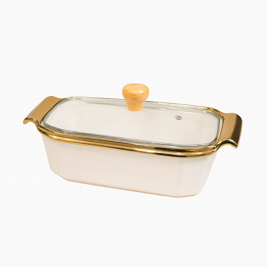 Rectangular Ceramic Serving Dish with Glass Lid – White & Gold - Habitt