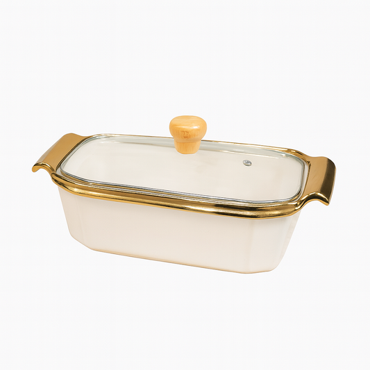 Rectangular Ceramic Serving Dish with Glass Lid – White & Gold - Habitt