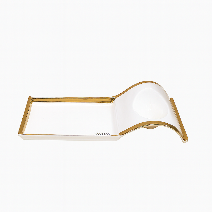 Stylish Long Ceramic Platter with Gold Rim – White & Gold - Habitt