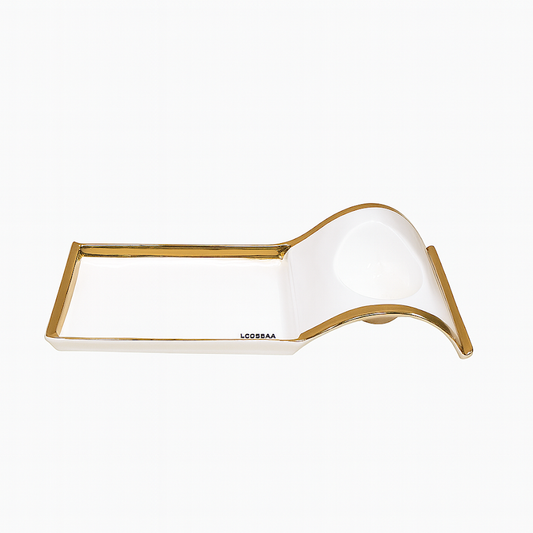 Stylish Long Ceramic Platter with Gold Rim – White & Gold - Habitt
