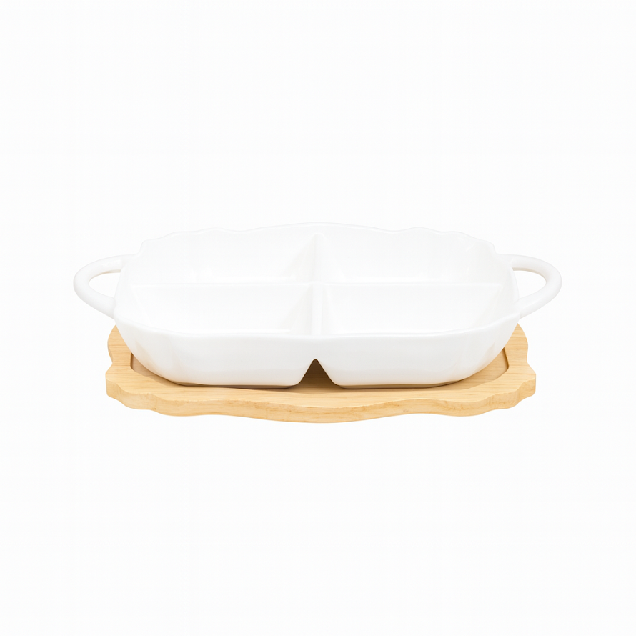 Stylish 4-Portion Serving Dish with Wooden Base - Habitt