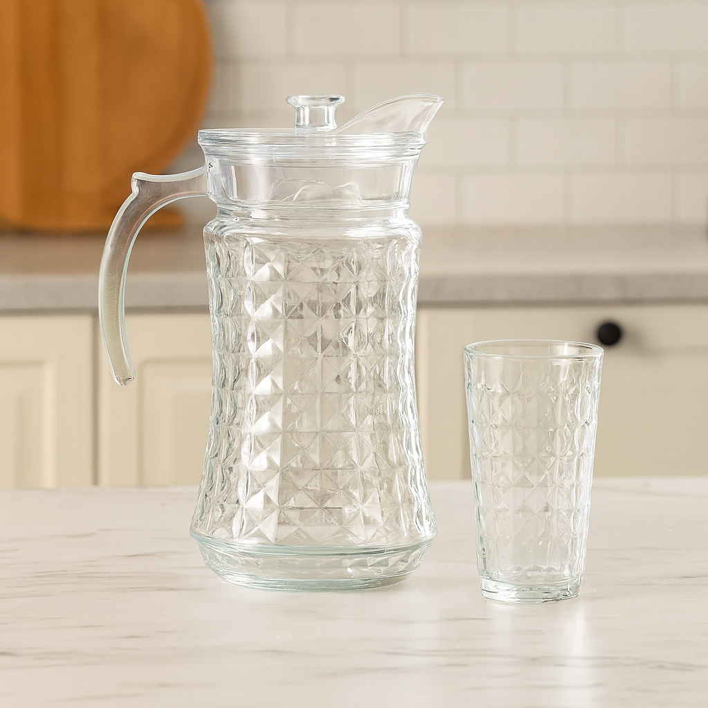 Diamond-Texture Clear Glass Water Set – 7-Piece Set (1.7 L Jug + 278 mL Glasses) - Habitt