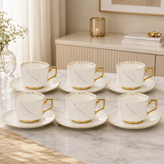 Gold Handle Porcelain Cup & Saucer Set – White Geometric Tea Set