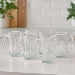 Ribbed Clear Glass Juice Mug 320 ml with Handle – Pack of 6 | Elegant Textured Drinkware for Home & Café - Habitt