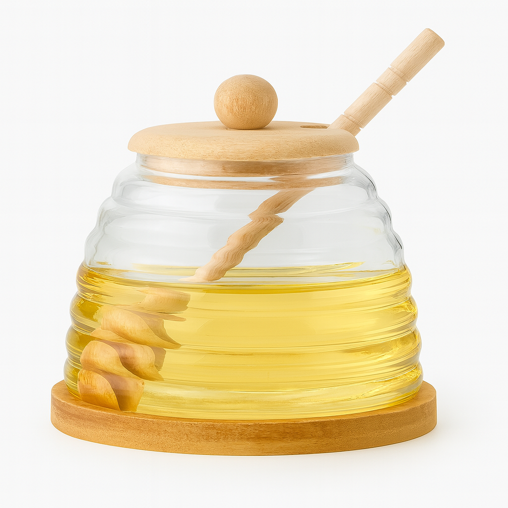 Glass Honey Jar with Wooden Lid & Dipper – Beehive Design - Habitt