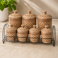 7Pcs Vintage Ceramic Canister Set with Rack | Kitchen Storage Jar Set