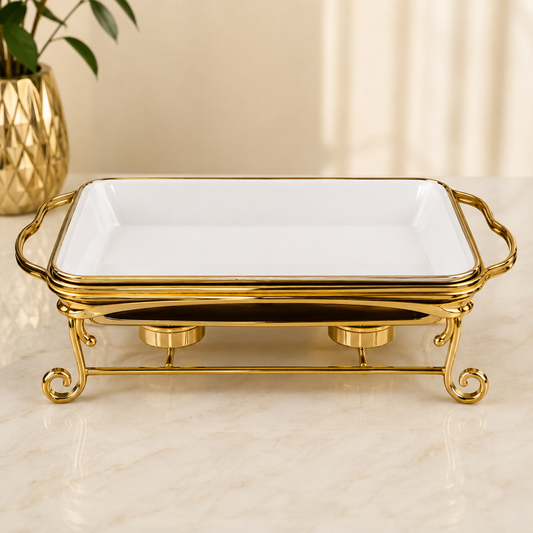 Luxury Gold Chafing Dish with Ceramic Serving Tray | Buffet Food Warmer