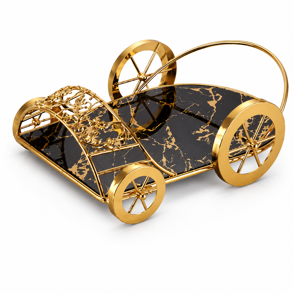 Luxury Decorative Gold Serving Cart with Marble Glass Tray | Elegant Display Trolley