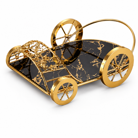 Luxury Decorative Gold Serving Cart with Marble Glass Tray | Elegant Display Trolley