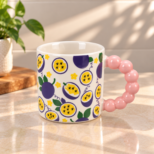 Cute Fruit Print Ceramic Coffee Mug with Beaded Handle – Colourful Tea & Coffee Cup