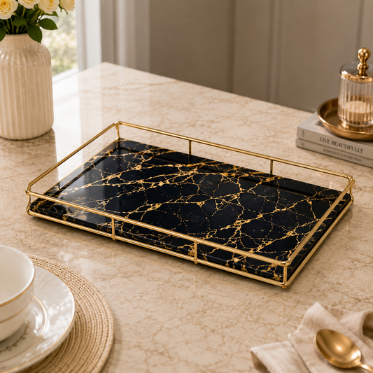 Luxury Gold Decorative Serving Tray with Marble Finish | Premium Rectangular Display Tray