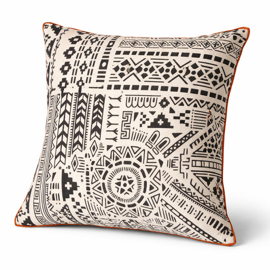 Black Tribal Boho Cushion Cover 18x18 Inch – Ethnic Geometric Screen Printed Off White Pillow Cover - Habitt