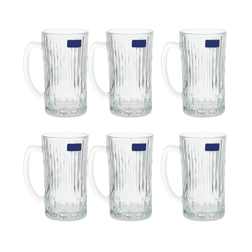 Ribbed Clear Glass Juice Mug 320 ml with Handle – Pack of 6 | Elegant Textured Drinkware for Home & Café - Habitt