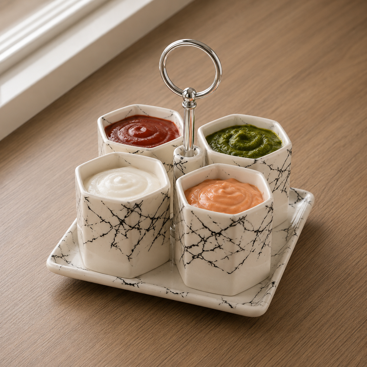 4 Pcs Hexagon Sauce Set with Tray – Ceramic Condiment & Dip Bowls