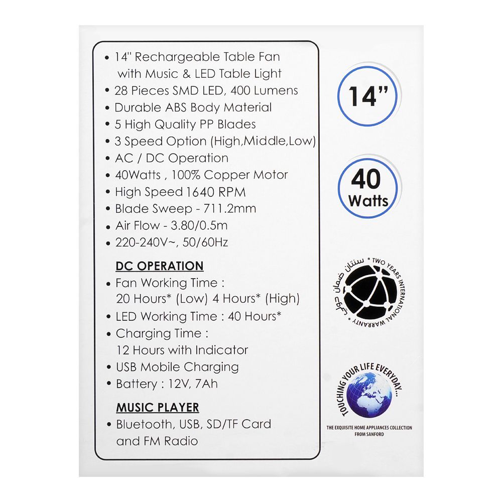 Black/Silver Sanford Rechargeable Table Fan 14 Inch with Bluetooth, LED Light & Music System – Powerful Portable Cooling Fan (SF-918RTF) - Habitt