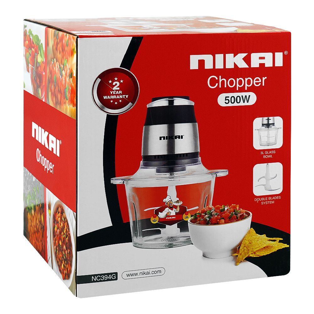 Nikai Electric Food Chopper 500W – 3 Liter Glass Bowl, Powerful Kitchen Chopper (NC394G) - Habitt