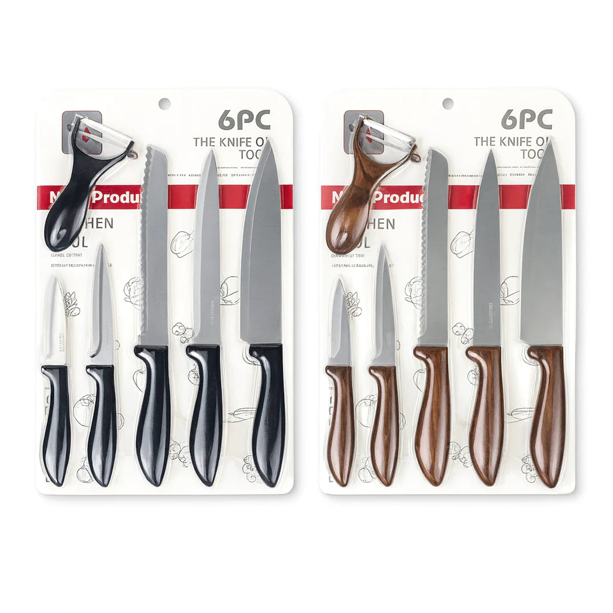 6 Pcs Kitchen Knife Set with Peeler – Black & Brown Handle Variants - Habitt
