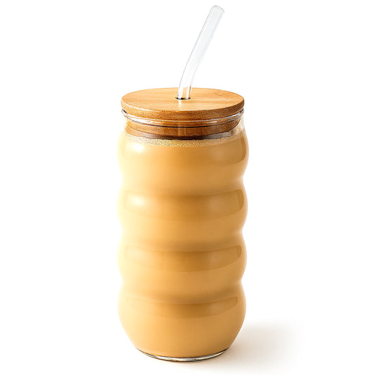 Ripple Glass Tumbler with Bamboo Lid & Straw – 450ml - Habitt