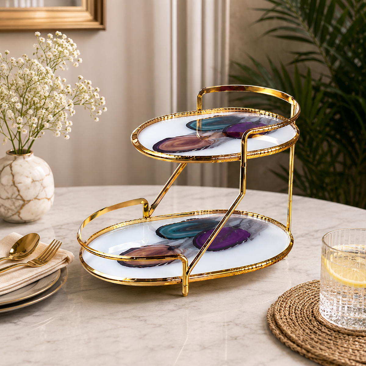 Luxury 2-Tier Decorative Serving Tray with Gold Metal Frame | Premium Dessert & Organizer Stand