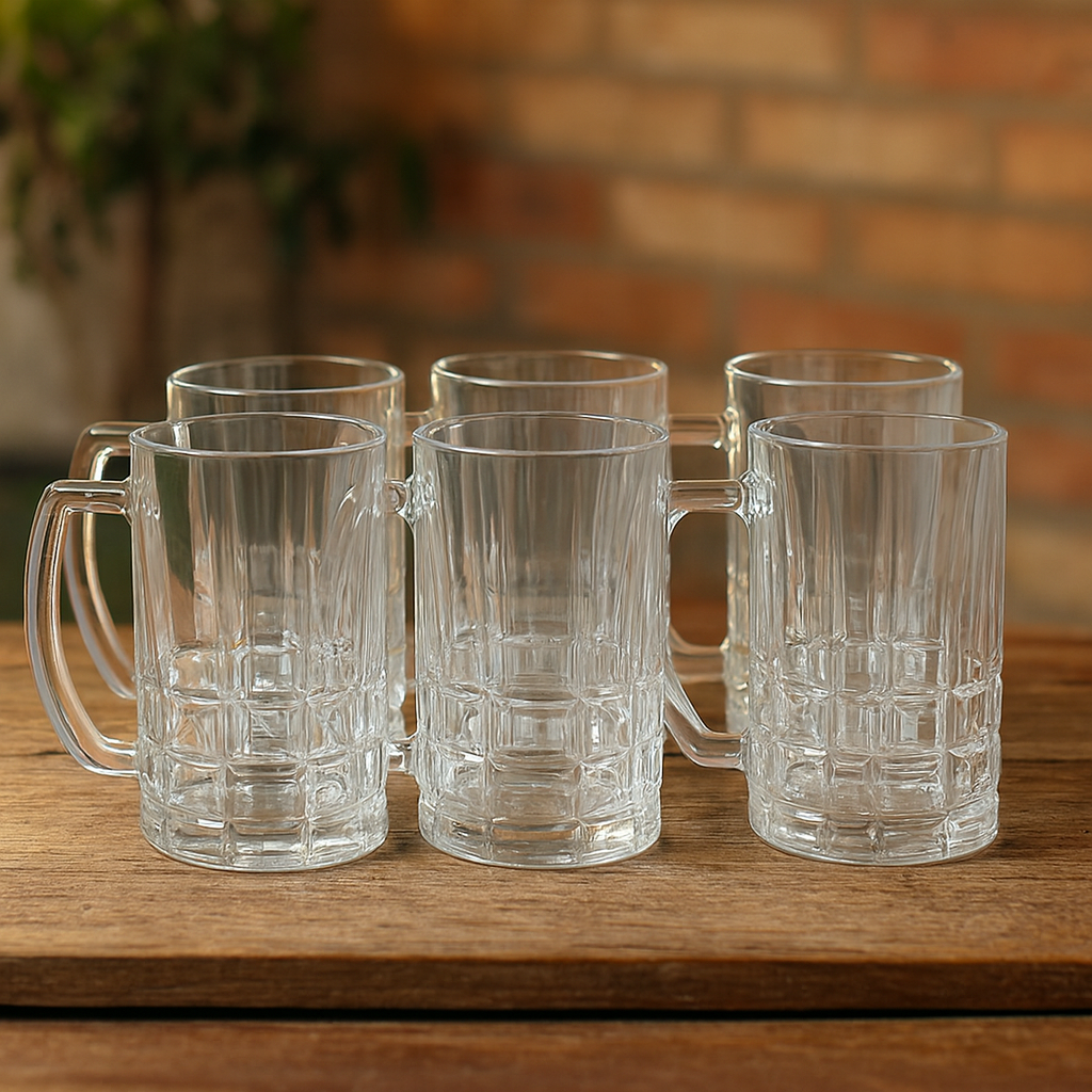Premium Textured Clear Glass Juice Mug 400 ml with Handle – Set of 6 | Durable Drinkware for Home & Café - Habitt