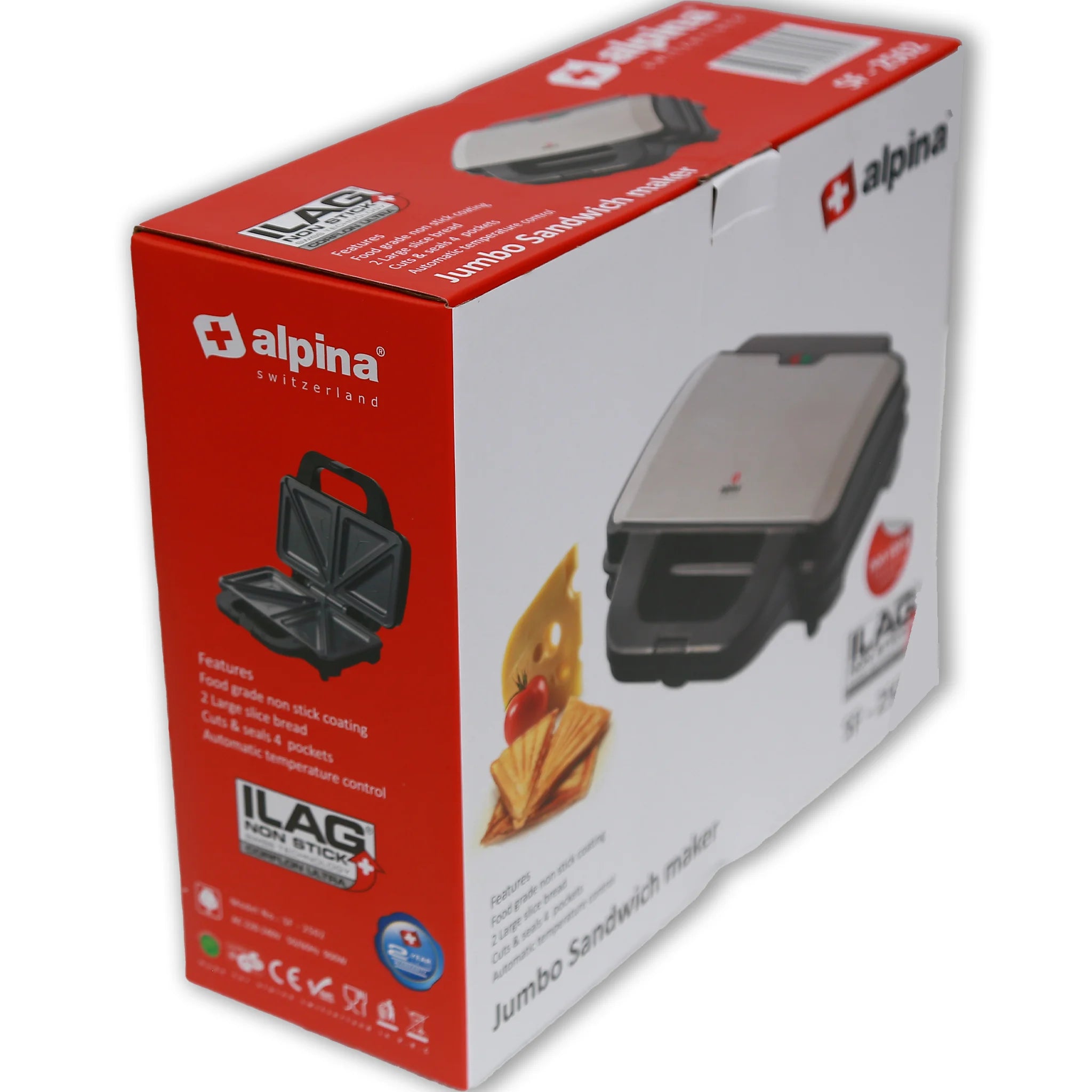 Alpina SF-2502-SB Jumbo Sandwich Maker | 1400W Non-Stick Electric Sandwich Grill – Black & Stainless Steel - Habitt