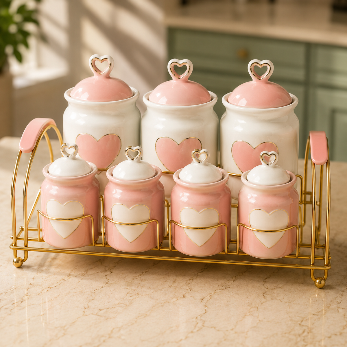 7Pcs Heart Design Ceramic Canister Set with Rack | Kitchen Storage Jar Set