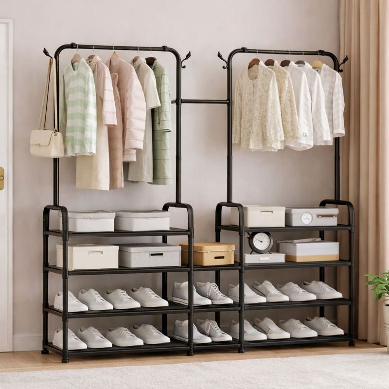 Multipurpose 3 in 1 Rack – Clothes Hanging Rack with Shoe & Storage Shelves - Habitt