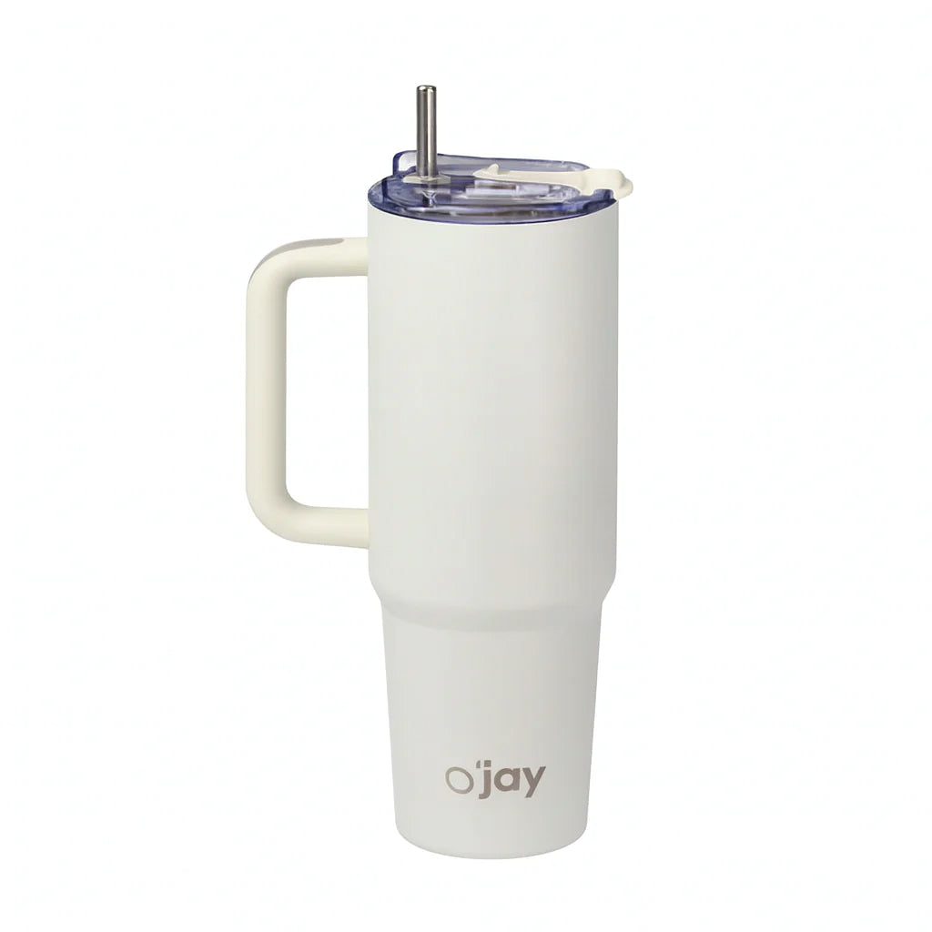O’jay Matte White Insulated Tumbler with Handle & Straw – 50oz – SP17921 - Habitt