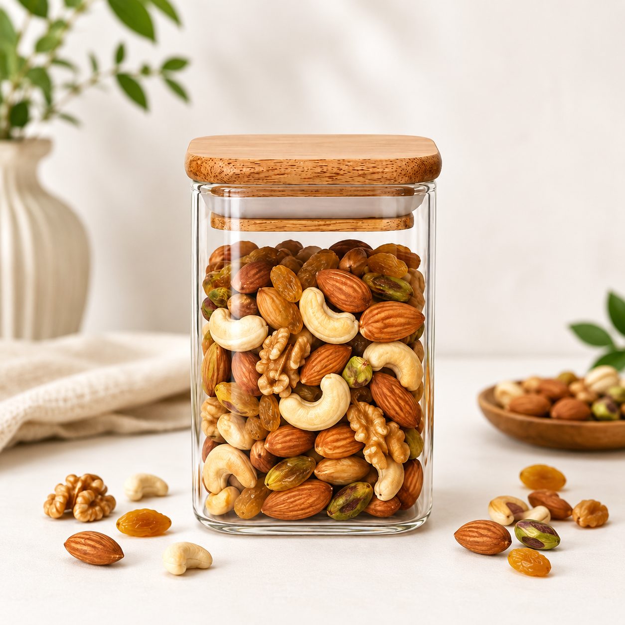 Transparent Storage Jar with Wooden Lid, Rectangular Shape, Clear, Medium - Habitt