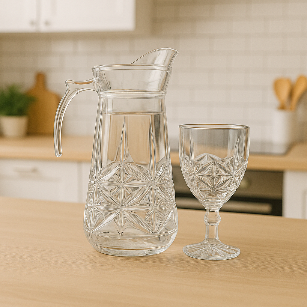 Smoke-Tinted 7-Piece Water Set – Diamond-Cut Jug with Stemmed Goblet Glasses (Pressed Glass) - Habitt