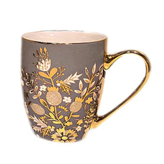 Ceramic Coffee Mug with Gold Handle – Floral Print Design (Blue, Pink, Grey) - Habitt