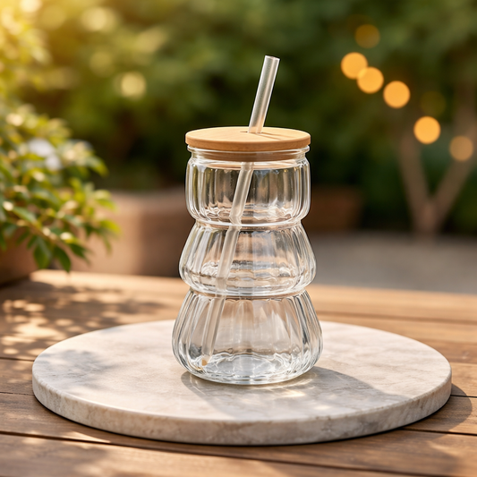 Delas Straw Glass – Textured Curved Tumbler with Bamboo Lid & Reusable Straw - Habitt