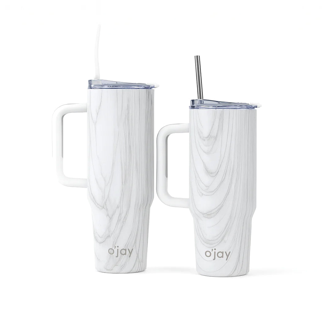 O’jay White Marble Insulated Tumbler with Handle & Straw – 50oz / 40oz – SP17919 - Habitt