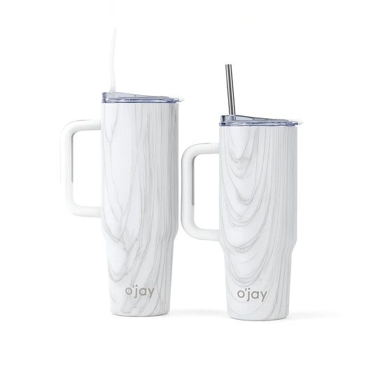 O’jay White Marble Insulated Tumbler with Handle & Straw – 50oz / 40oz – SP17919 - Habitt