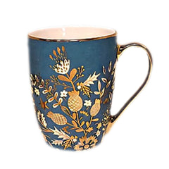 Ceramic Coffee Mug with Gold Handle – Floral Print Design (Blue, Pink, Grey) - Habitt