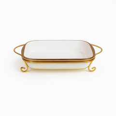 Elegant Serving Dish (with Stand) – White Ceramic Bake & Serve Tray with Gold Frame - Habitt