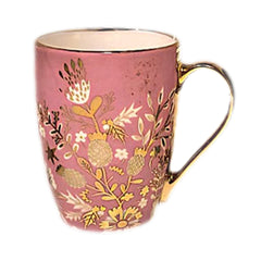 Ceramic Coffee Mug with Gold Handle – Floral Print Design (Blue, Pink, Grey) - Habitt