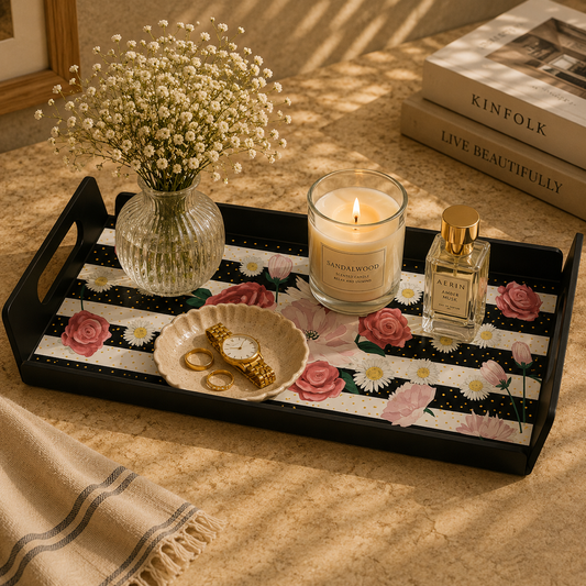 Magical Black Smart Serving Tray – Floral Striped Design with Handles