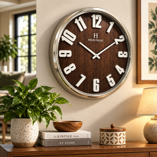 Heritage “Albino” Wall Clock – 20-Inch Modern Brown Wood-Style Decorative Clock with Silver Plastic Frame