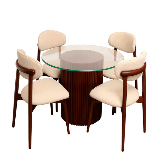 Ria 4-Person Dining Table Set – Modern Round Glass Top with Wooden Base & Upholstered Chairs - Habitt