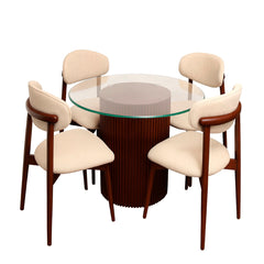 Ria 4-Person Dining Table Set – Modern Round Glass Top with Wooden Base & Upholstered Chairs - Habitt