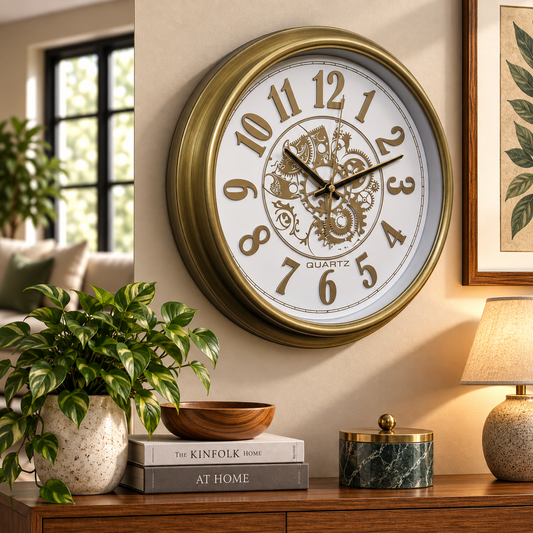 Heritage Wall Clock Glisso 14.5" – Vintage Gold Frame Gear Design Quartz Wall Clock