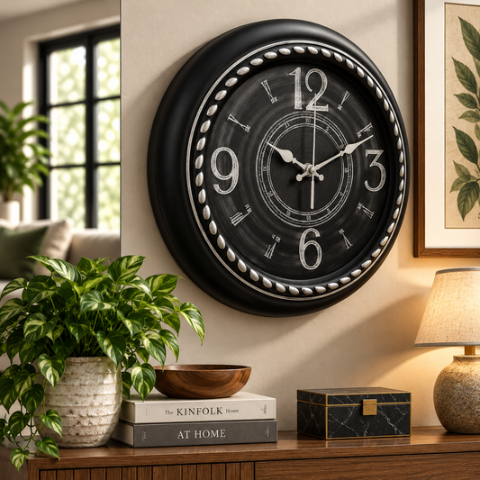 Heritage Prague 2 Wall Clock 18 x 18 Inch – Vintage Black Dial with Chalk-Style Numerals & Beaded Frame (Plastic)