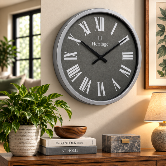 SCOTTISH 20" Heritage Wall Clock – Grey Dial with Silver Plastic Frame and Roman Numerals