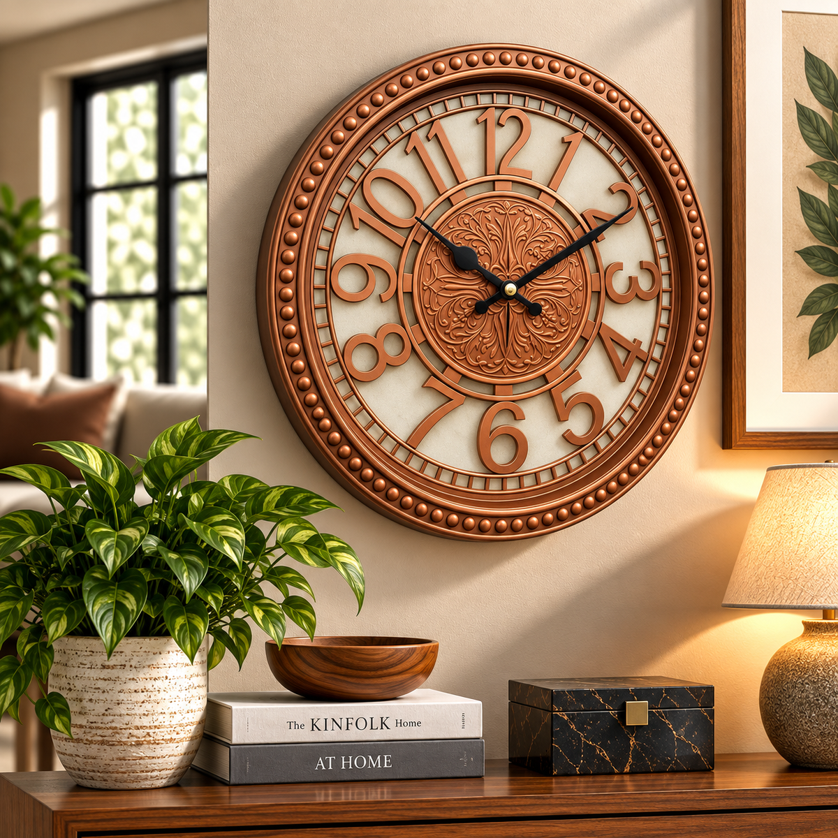 Heritage Retro Wall Clock 15 Inch – Ornate Copper Finish with Embossed Center & Classic Numerals (Plastic)