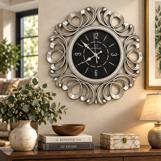 Heritage Ornate Silver Wall Clock – FLR 18 Inch Luxury Decorative Timepiece