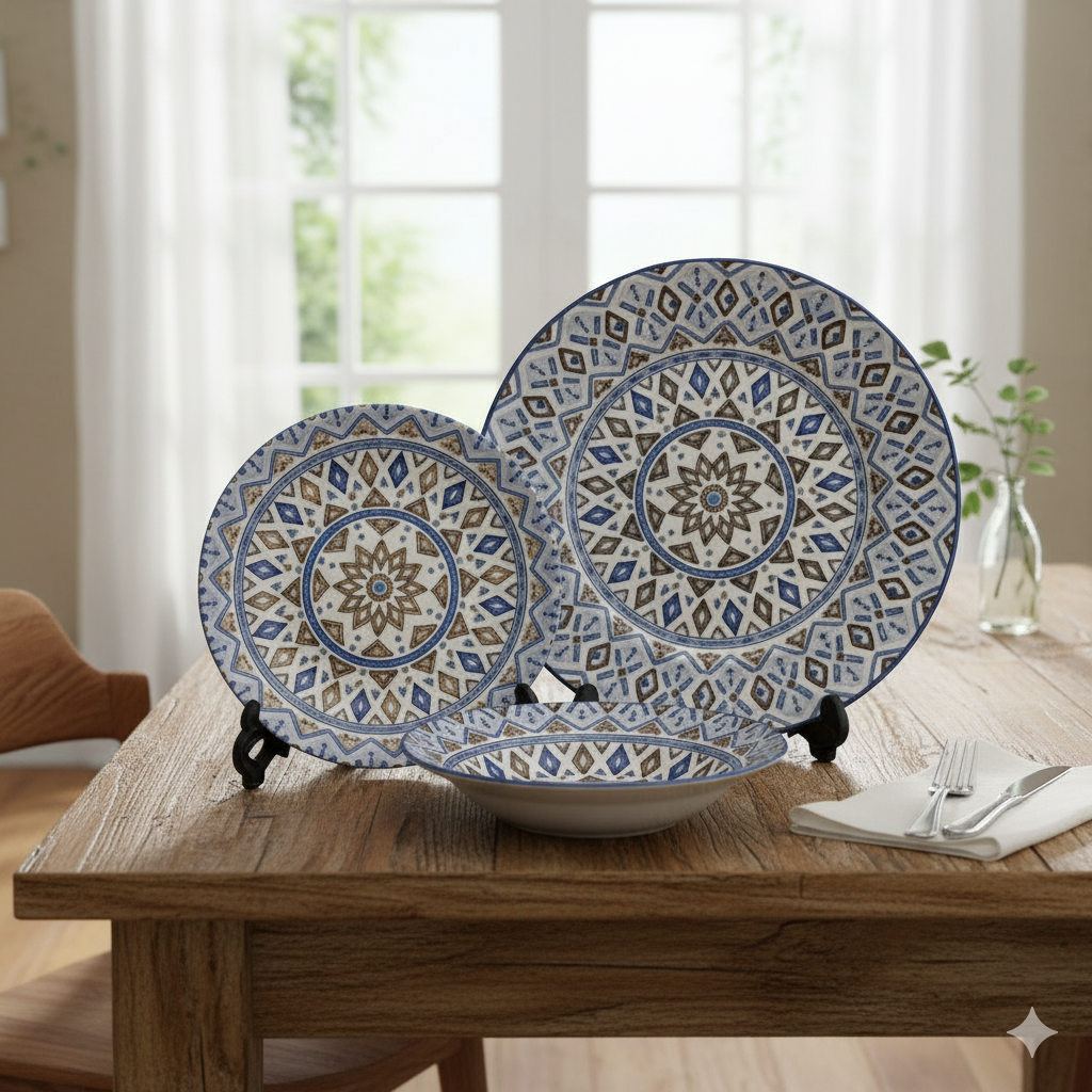 6 Person (18pcs) Blue Floral & Geometric Border Plate Set – Elegant Ceramic Dinnerware Collection - Habitt