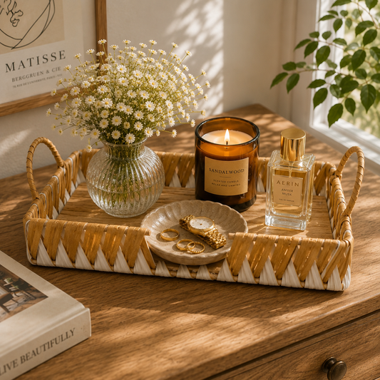 Tray Small White & Yellow – Handwoven Decorative Serving Tray (10 x 14 Inch)