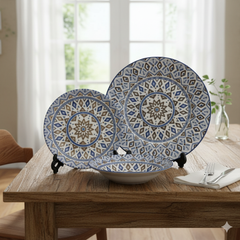 6 Person (18pcs) Blue Floral & Geometric Border Plate Set – Elegant Ceramic Dinnerware Collection - Habitt