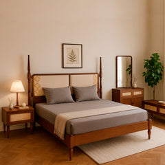 Gul Bahar Bed – Buy Solid Wood King Bed with Cane & Upholstered Headboard | Habitt - Habitt